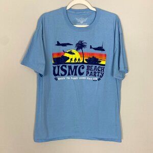 USMC Beach Party Graphic T Shirt Military Marines Blue Short Sleeves Mens XL